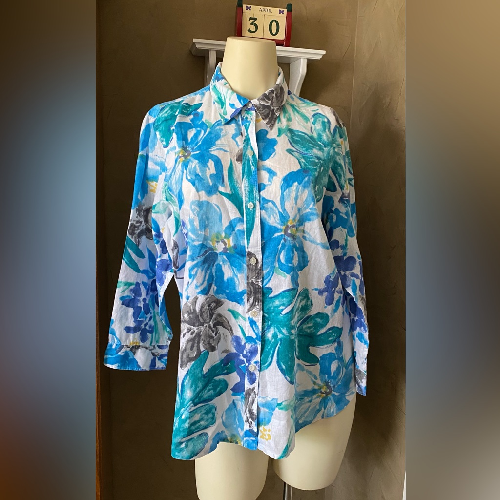 Lauren Ralph Lauren Linen Floral Print Button Up Blouse Size Large